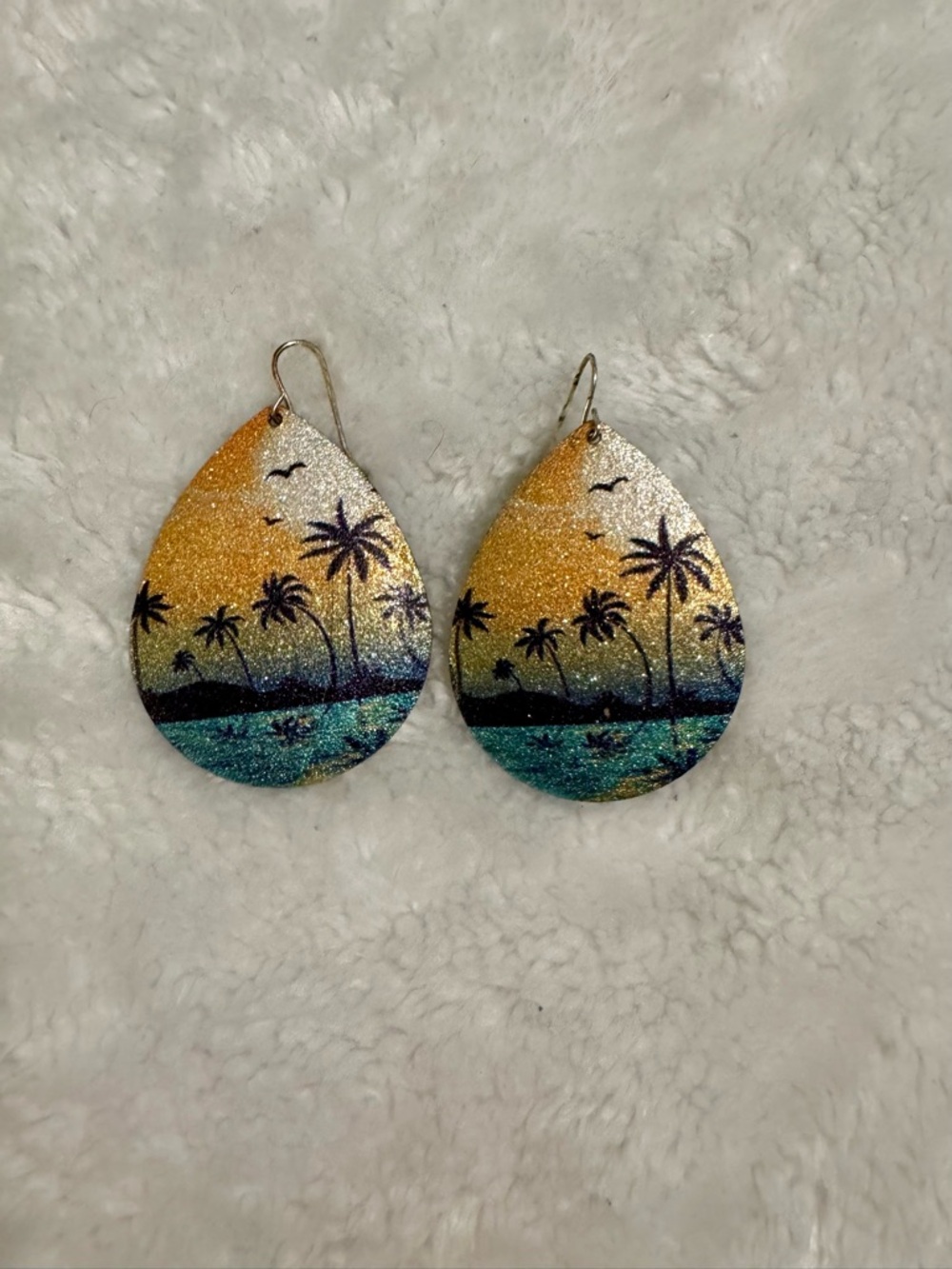 Tropical Teardrop Glitter Palm Tree Earrings - Gold & Teal